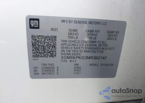 2021 Chevrolet Tahoe 4Wd Z71 из США, поврежденный, VIN 1GNSKPKD3MR362747